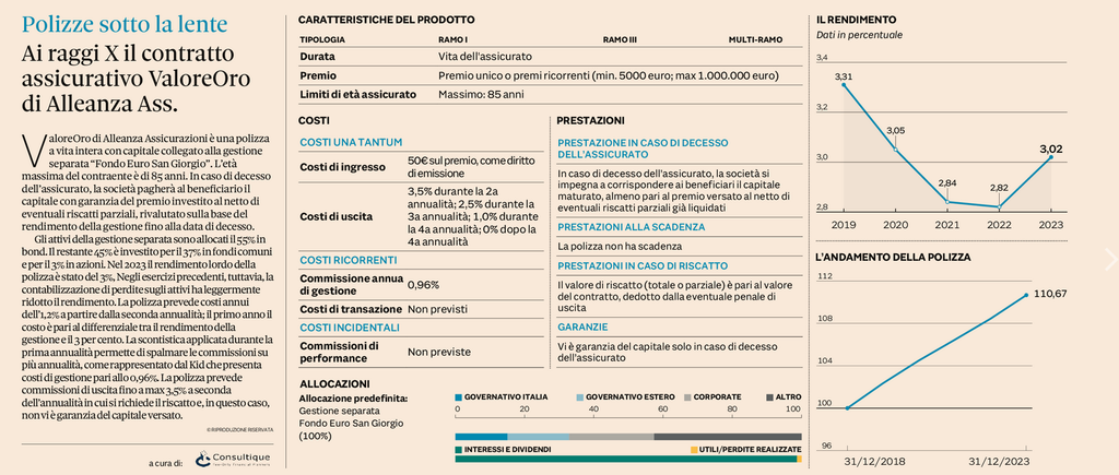 Plus24 | Ai raggi X il contratto assicurativo ValoreOro di Alleanza Ass.